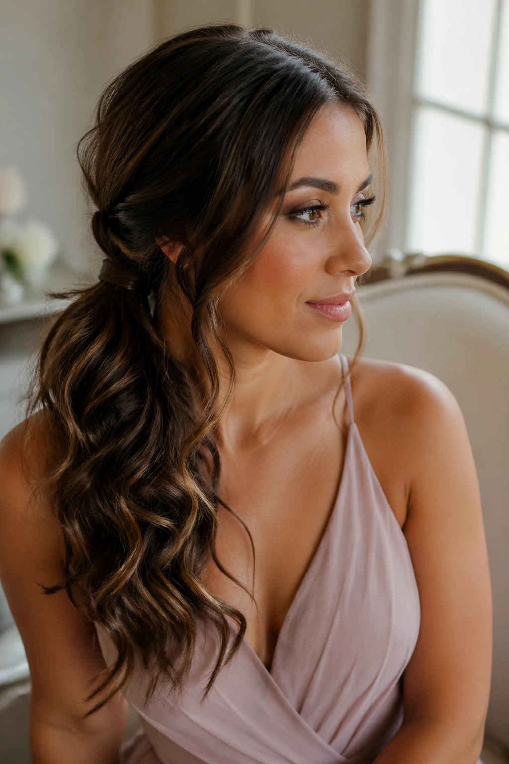 Close-up of a real woman with a side ponytail and loose waves in a bridal prep area