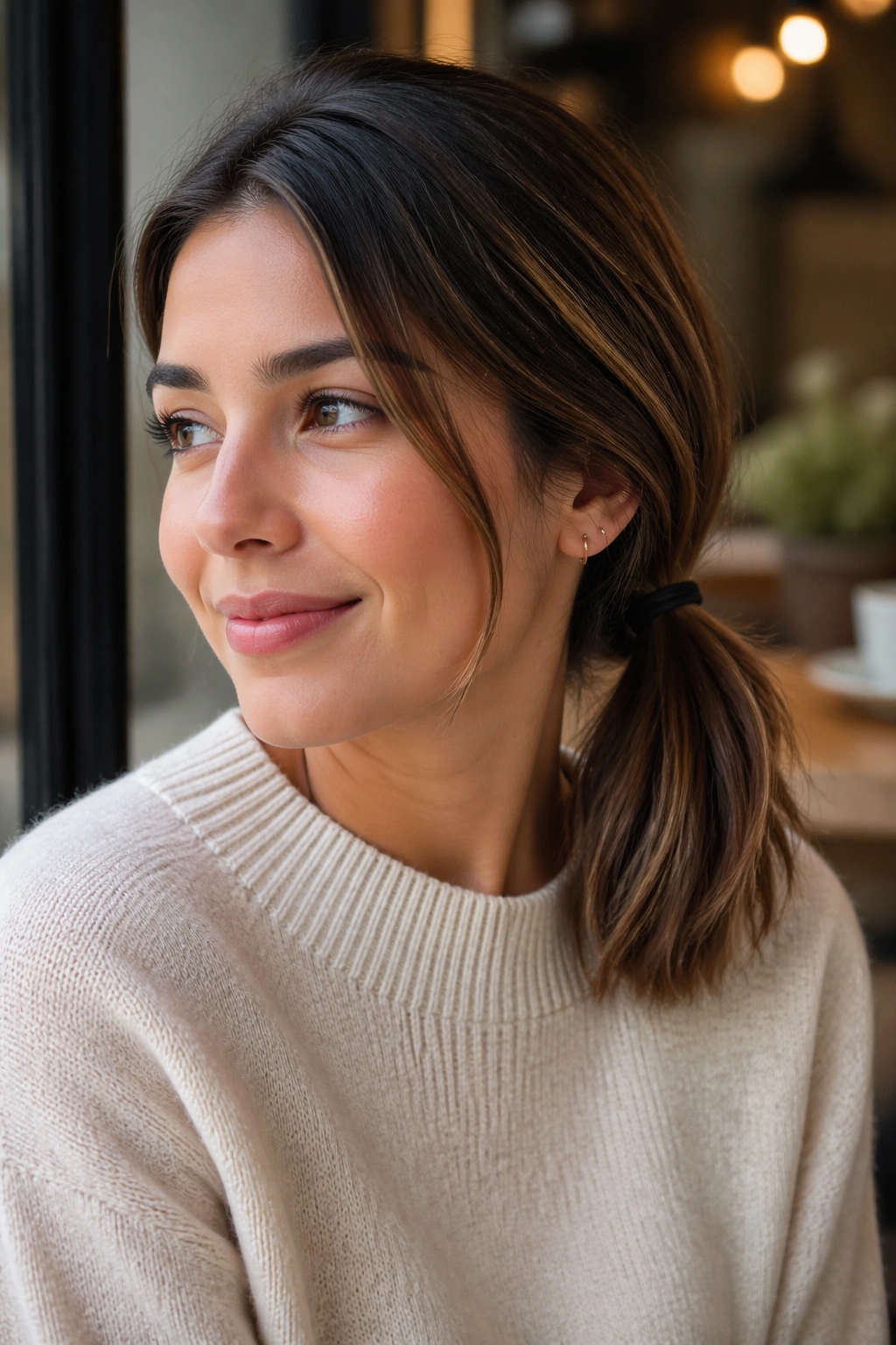 Real woman with a low side ponytail behind the ear in a cafe-like setting