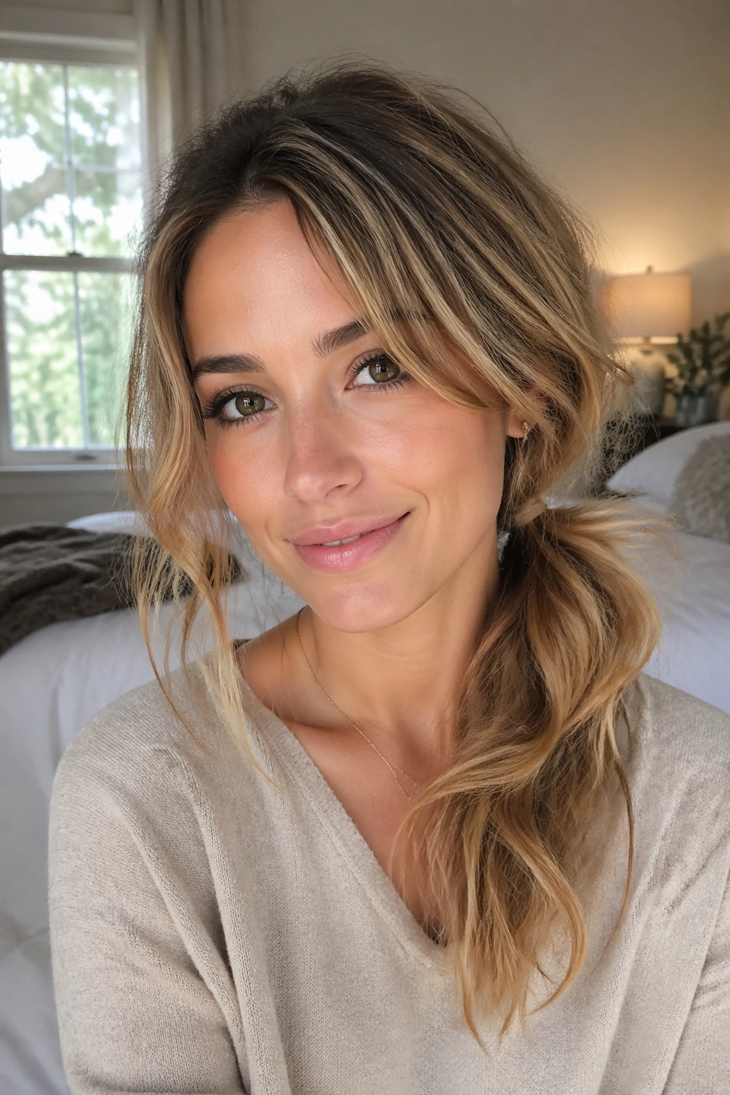 Close-up of a real woman with a side messy ponytail at the nape, hair swept over one shoulder