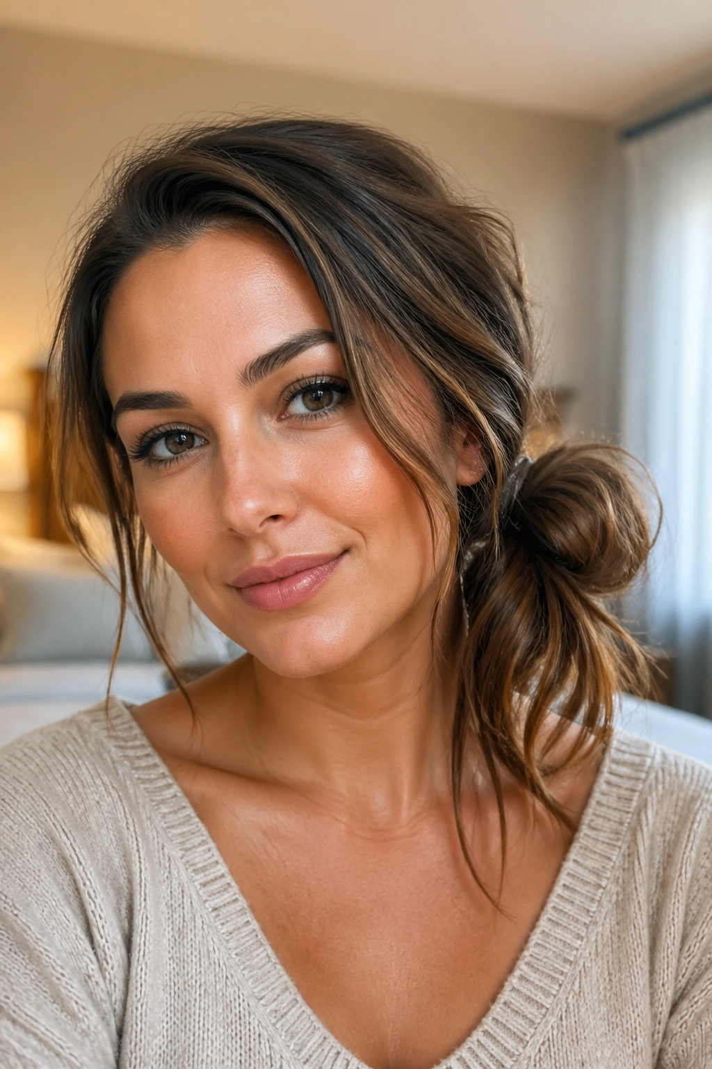Close-up of a real woman with a side ponytail with a messy bun hybrid in warm window-lit bedroom