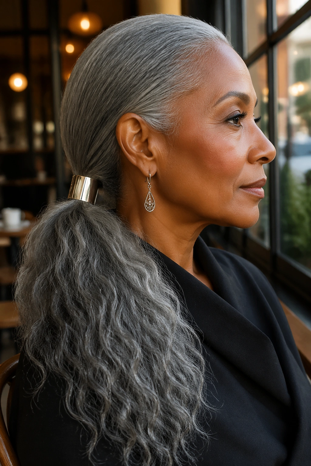 Profile of a real woman with a side gray ponytail and metallic accent.