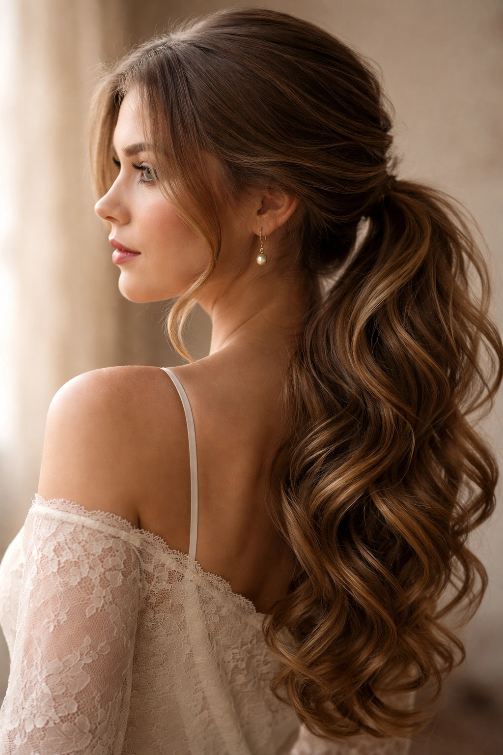 Romantic loose side ponytail with soft curls over the shoulder