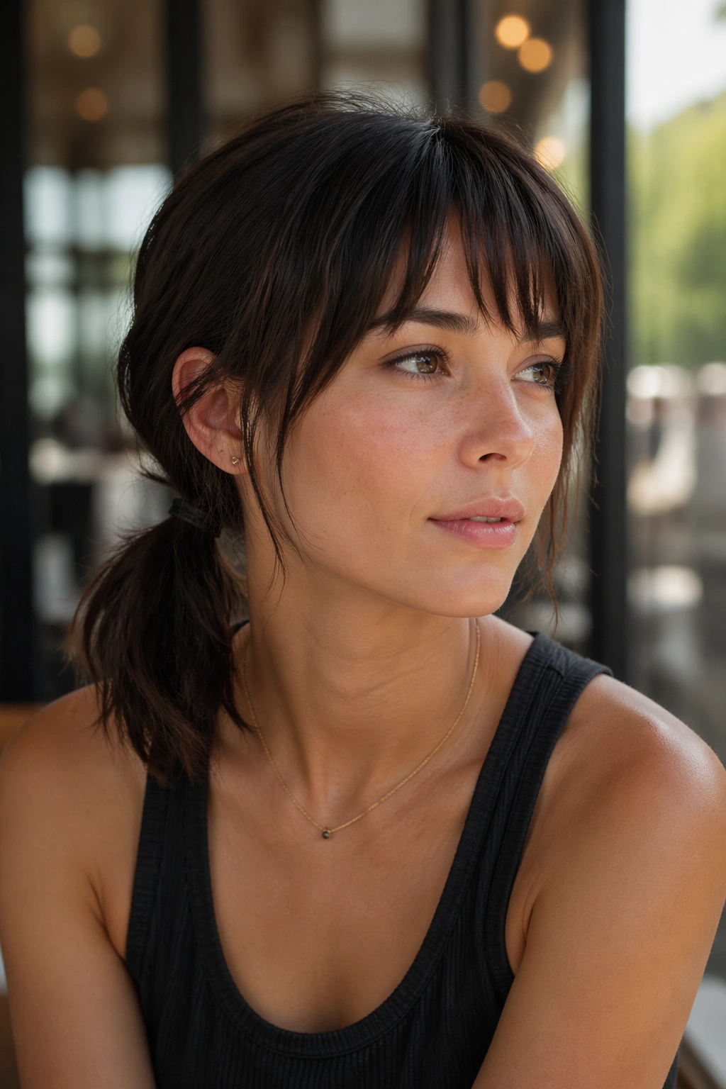 Close-up of a real person with a short bob side ponytail and choppy bangs