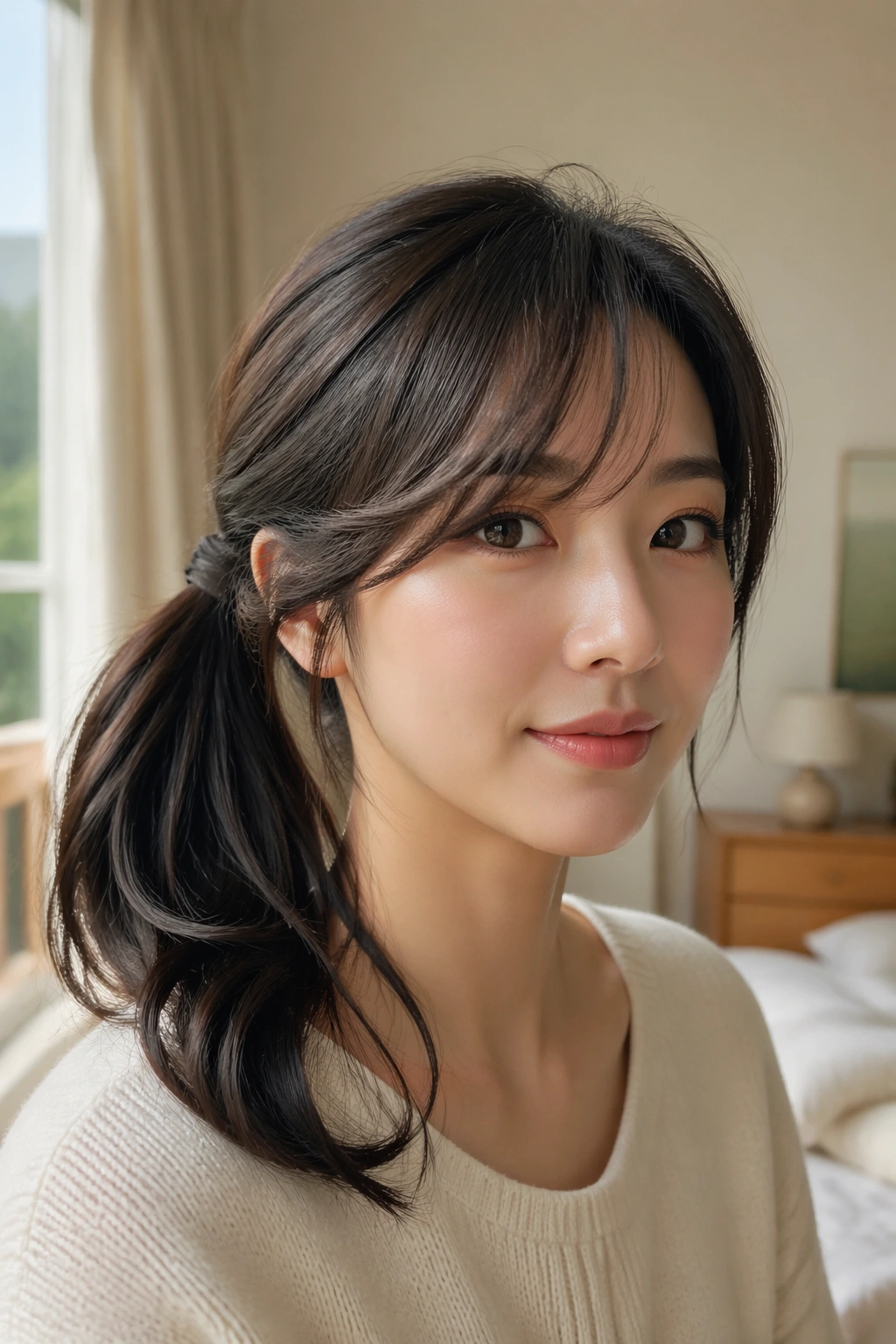 Close-up portrait of a woman showing a side ponytail with soft side bangs