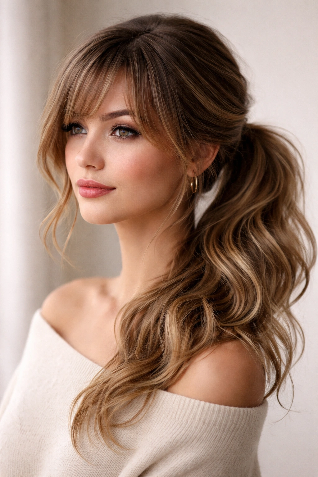 Profile view of a side ponytail with swept waves and deep side part
