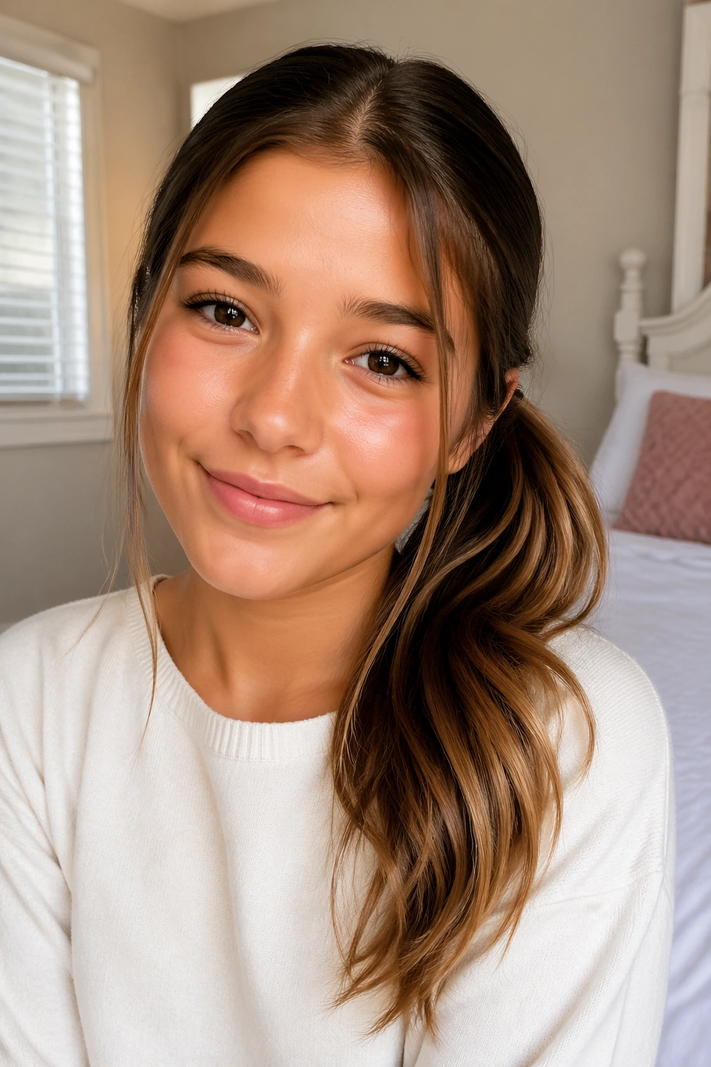 Close-up of a teenage girl with a soft side ponytail behind her ear, warm window light.