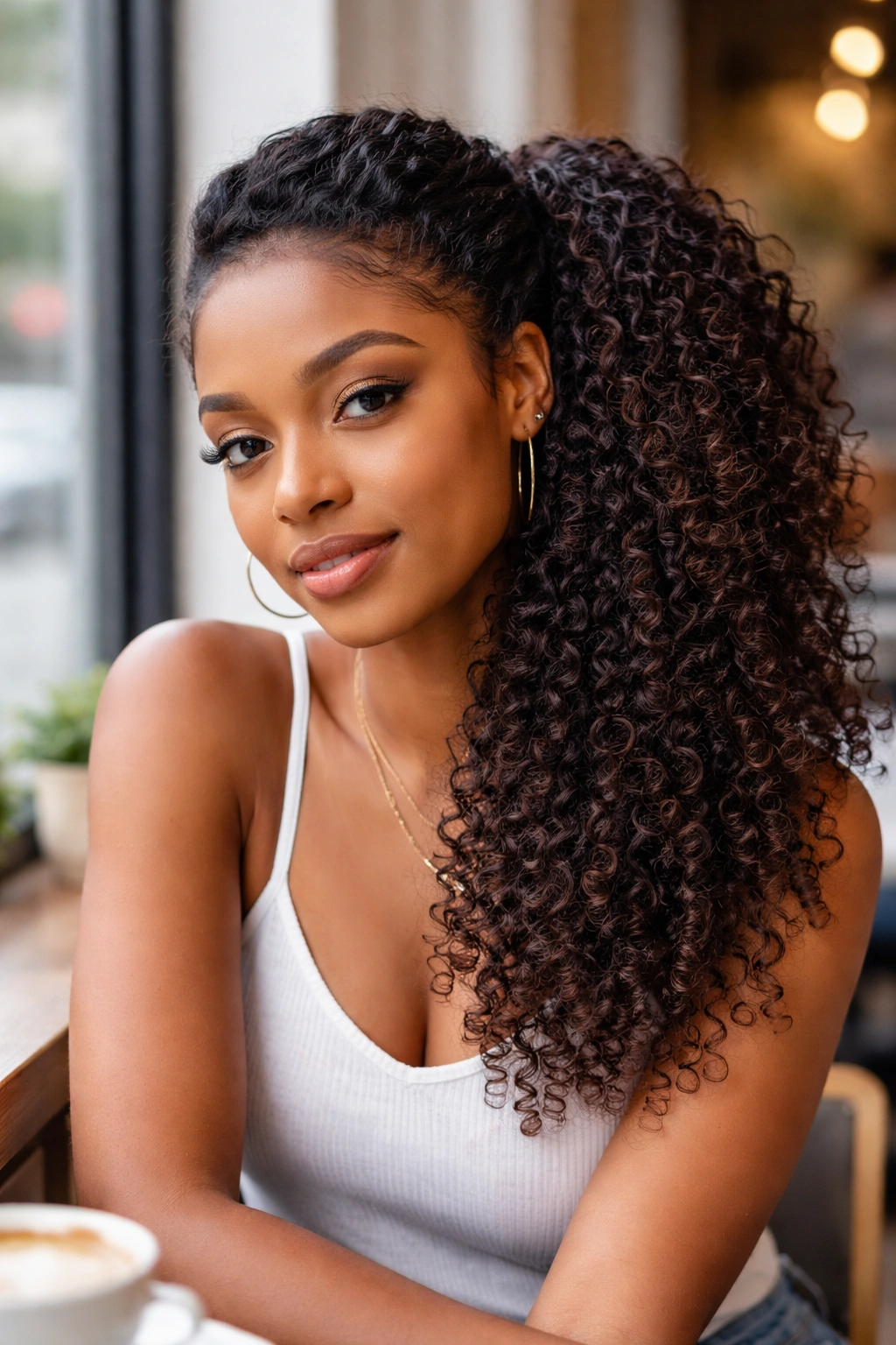 Close-up of a woman with a side ponytail cascading over the shoulder showing natural curls