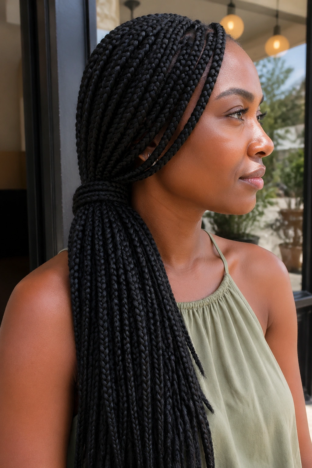 Side view of thick box braids in a low side ponytail over the shoulder