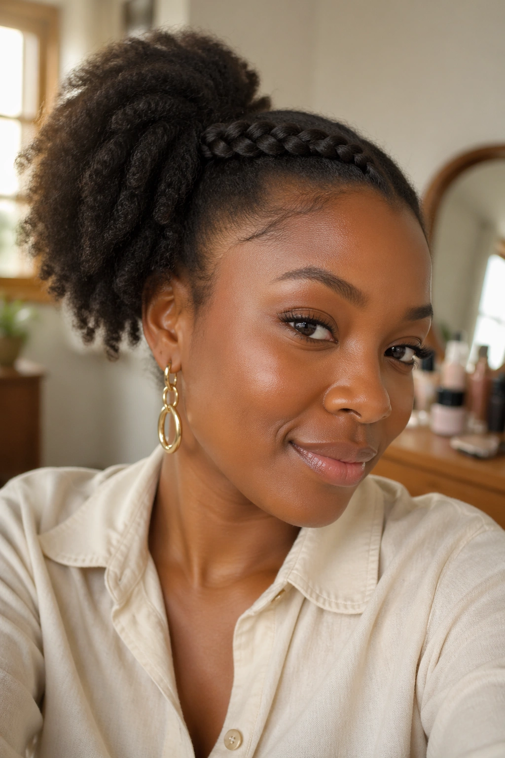 Close-up of a real woman with a side ponytail wrap braid above the ear
