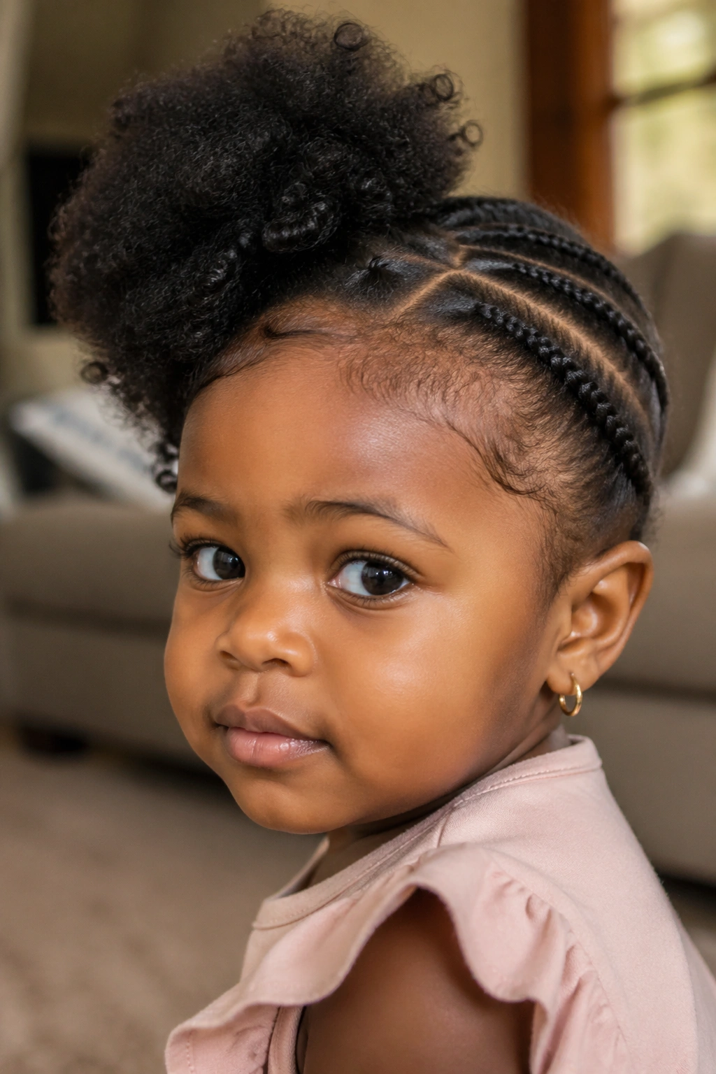 Close-up of a toddler with a side flat twist and opposing afro puff