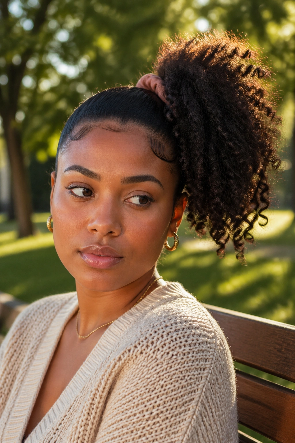 Close-up portrait of a real woman with a side puff and scrunchie.