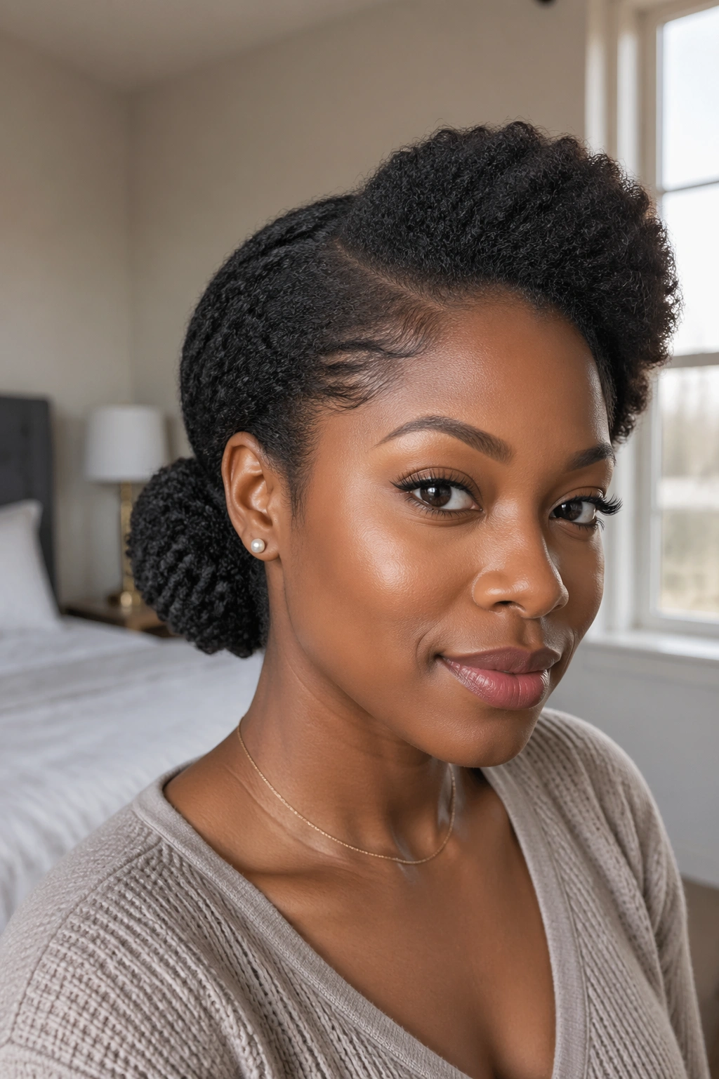 Close-up portrait of real woman with side-puff low bun at the temple and neat nape bun in natural window light