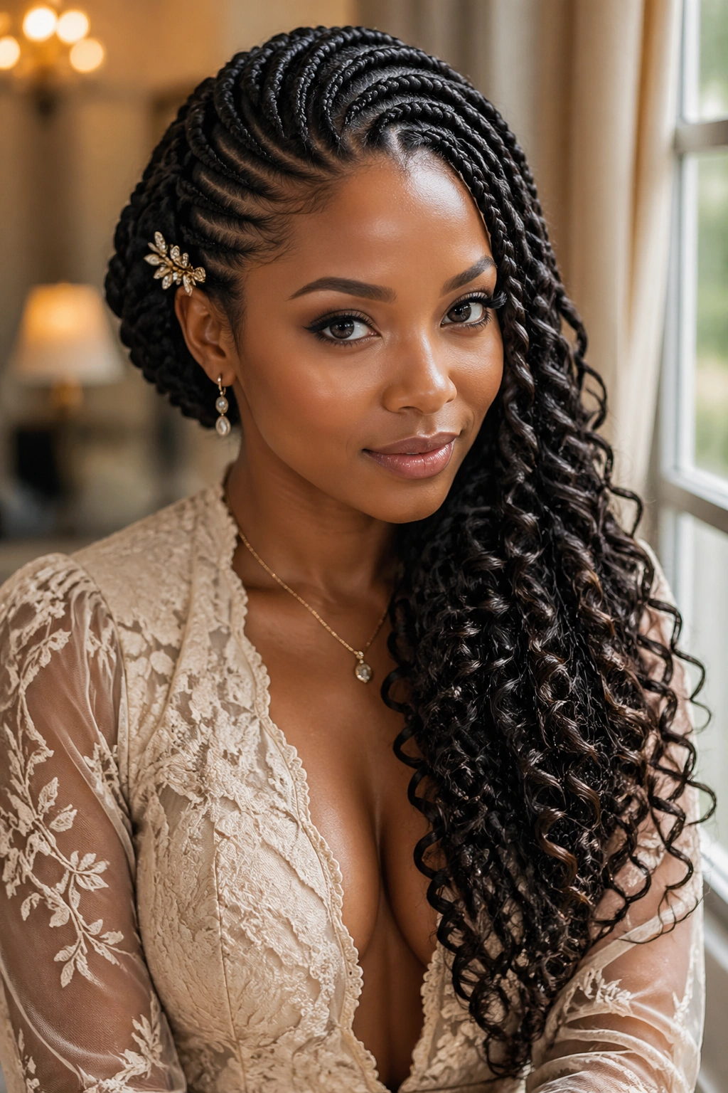 Real woman with side-pulled curls cascading over one shoulder and a decorative pin