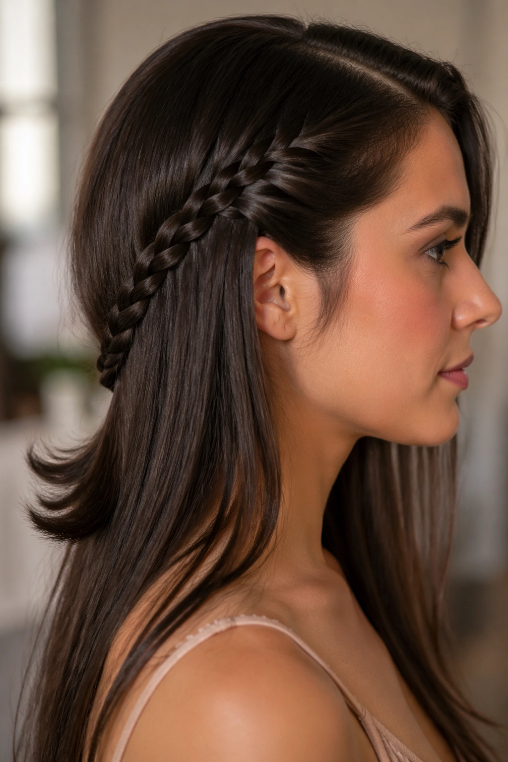 Profile of a real woman with a side rope braid and flipped ends, straight hair, soft background