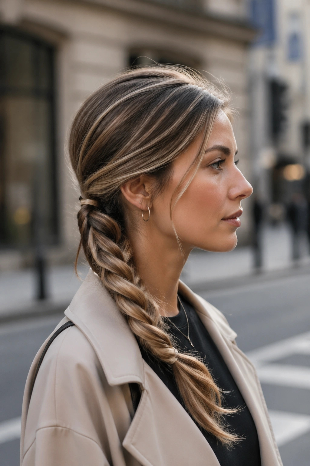 Side profile of woman with rope twisted ponytail