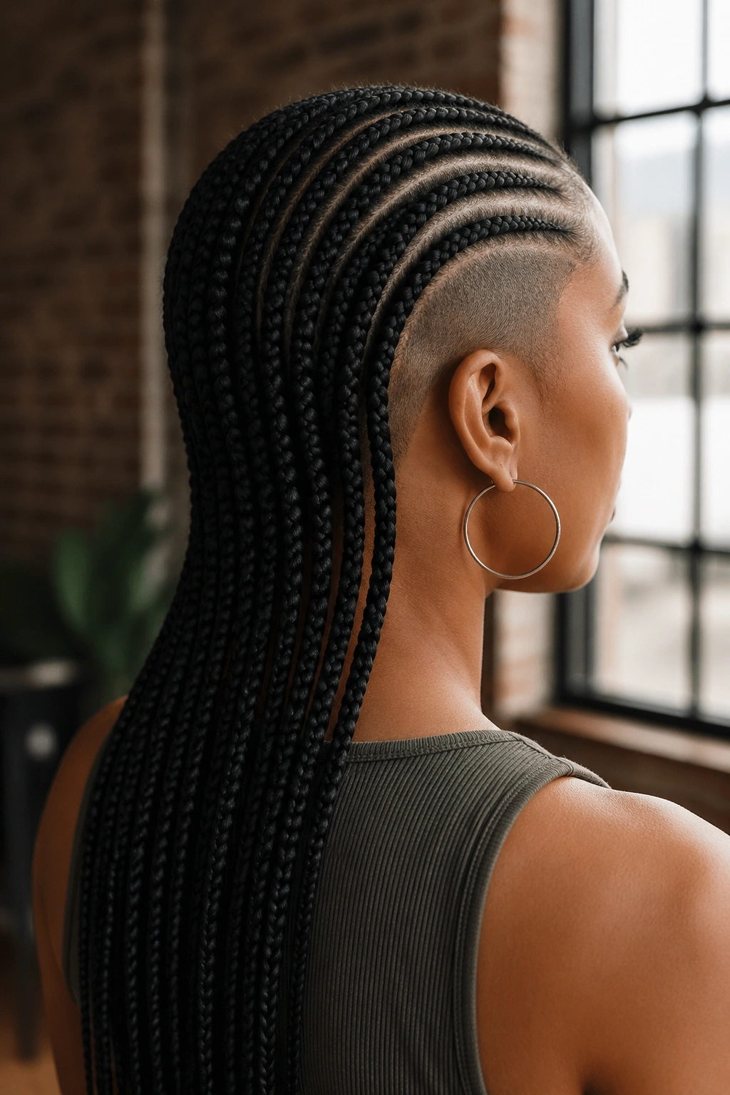 Portrait of a real person with all-back cornrows and a side-shave