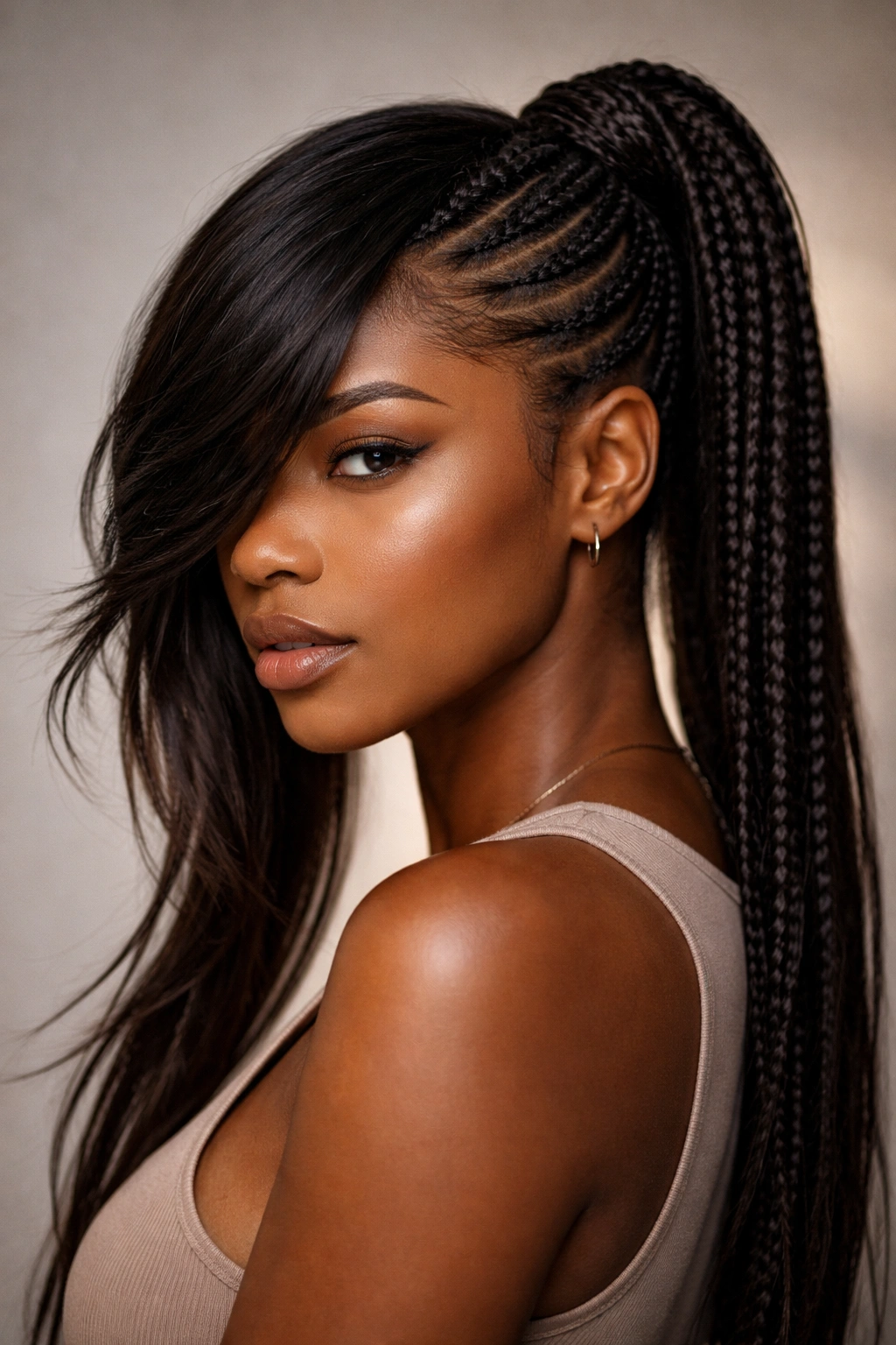 Side-shaved illusion hairstyle with long sweep bangs