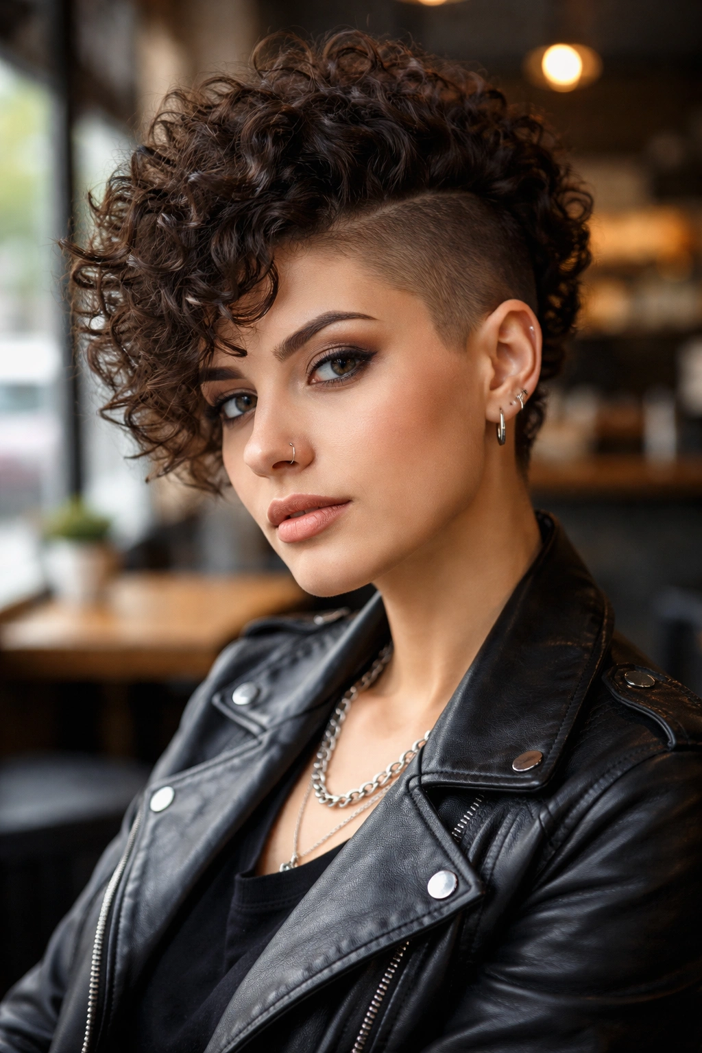 Close-up portrait of a real person with a side-shaved curly pixie against a cafe window background