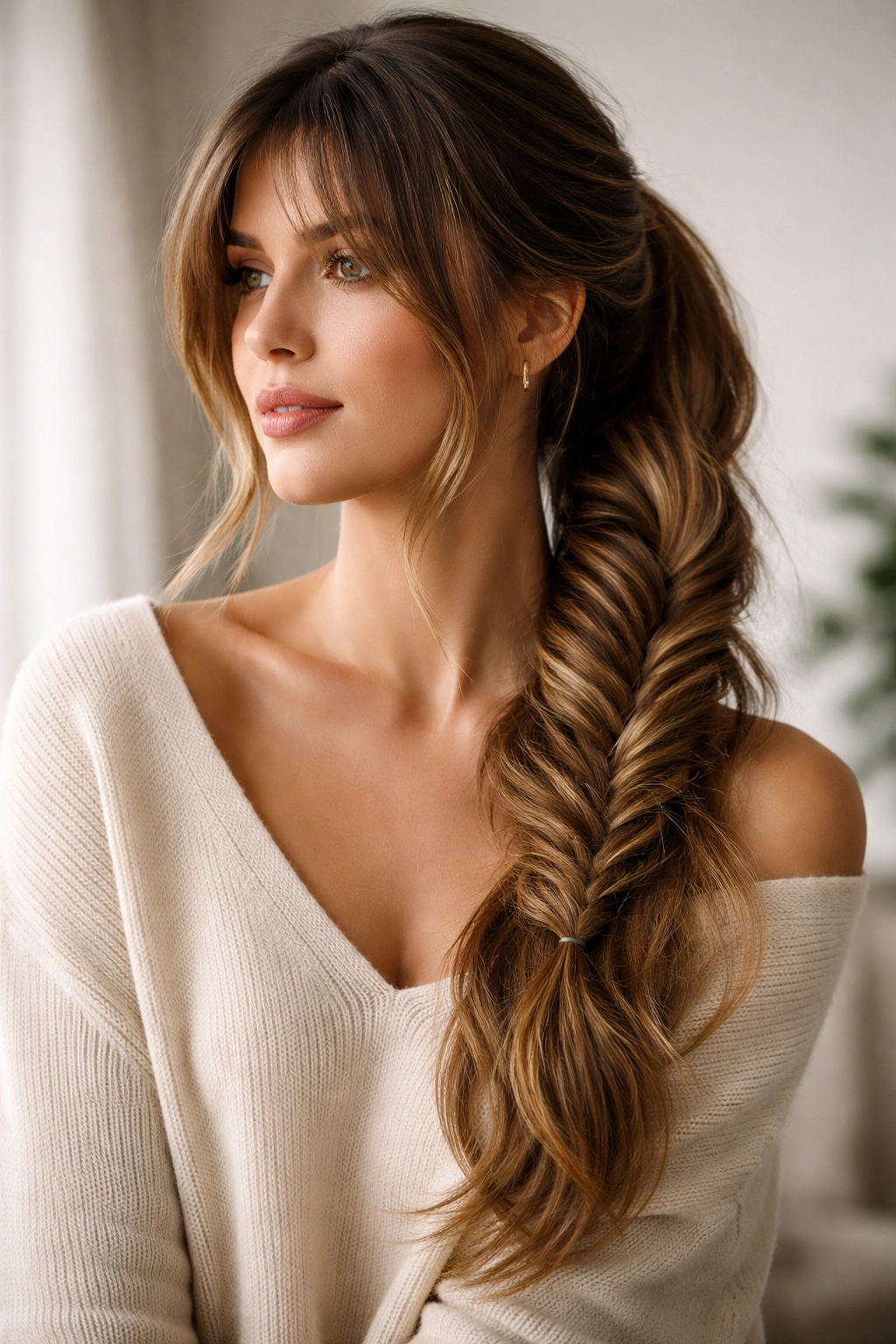 Side-slung fishtail ponytail with long curtain bangs over shoulder