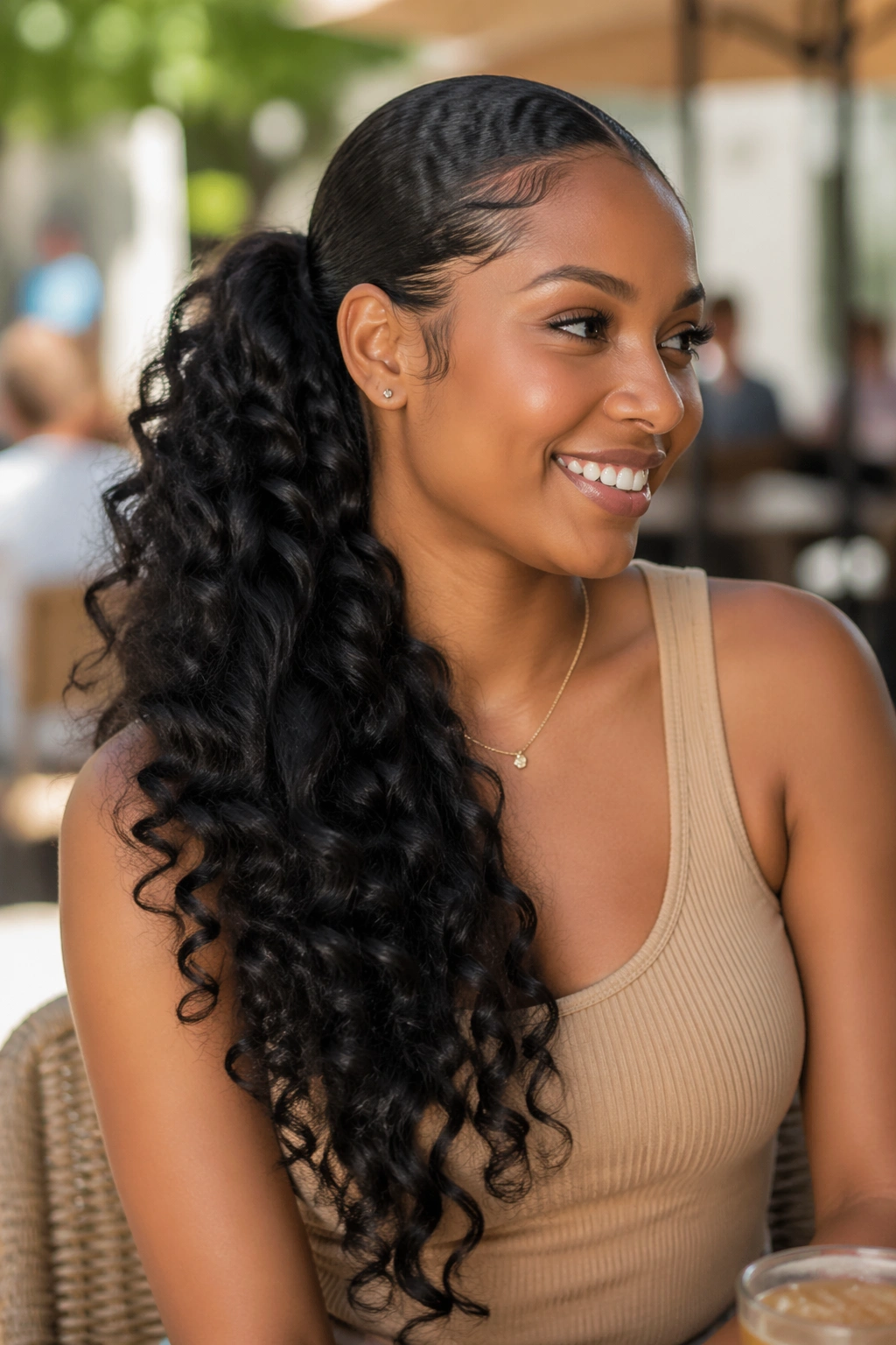 Close-up of a real woman with a side-stacked ponytail at a cafe