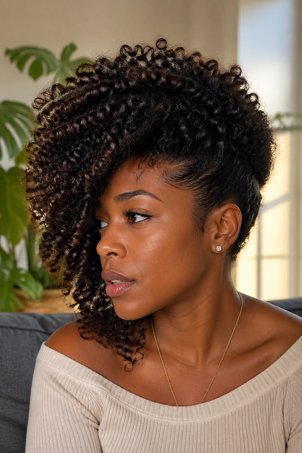 Close-up of real woman with Brushed-Out Side Sweep hairstyle