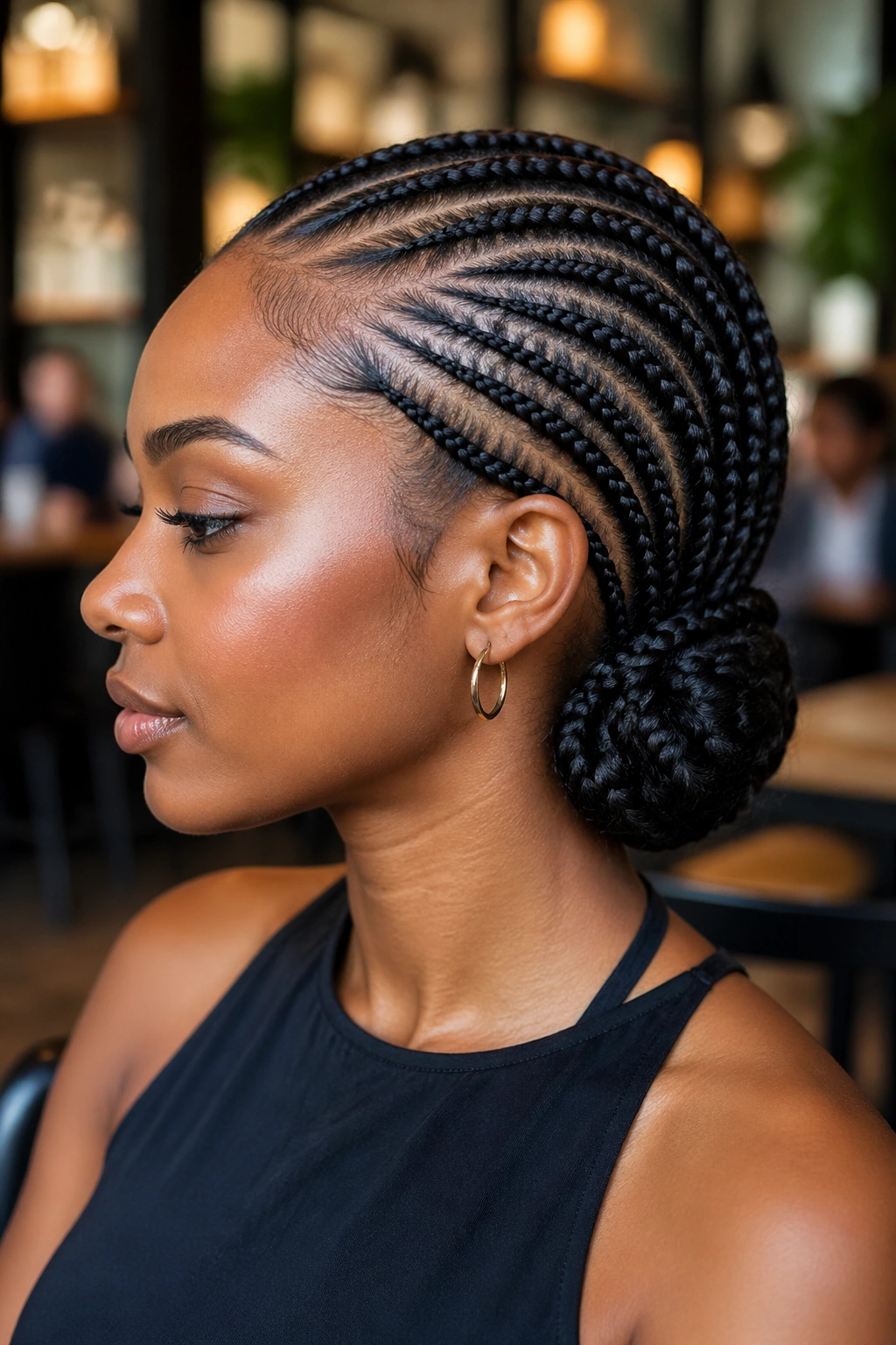 Side-swept cornrow updo with diagonal braids and low side bun