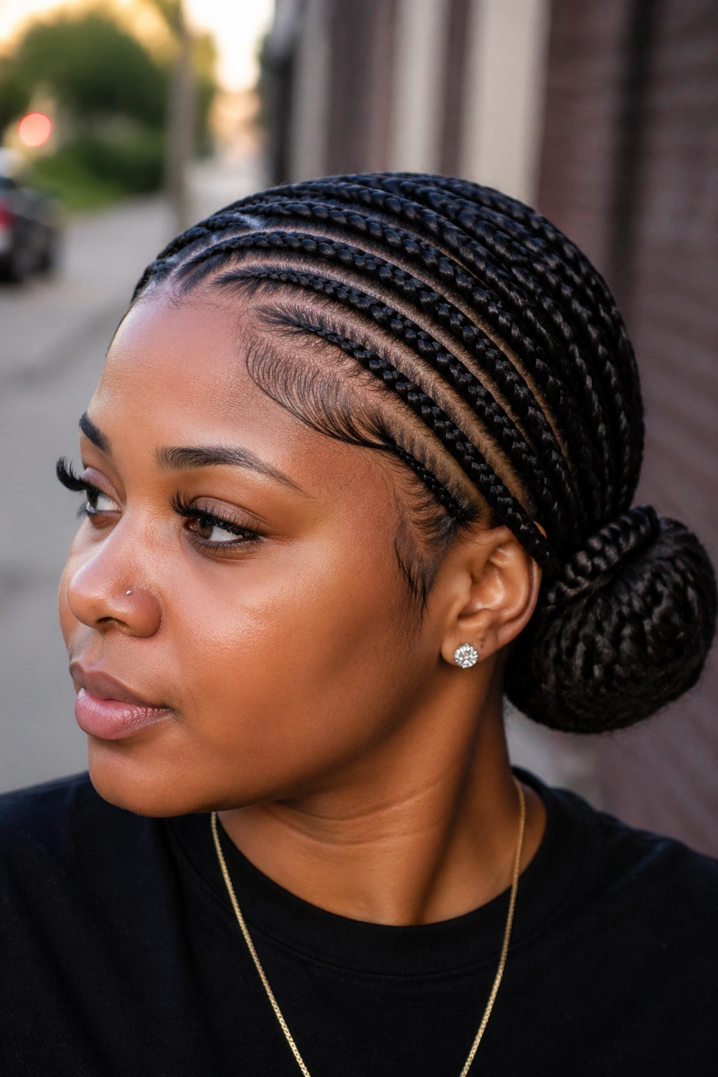Side swept stitch cornrows into a low side bun