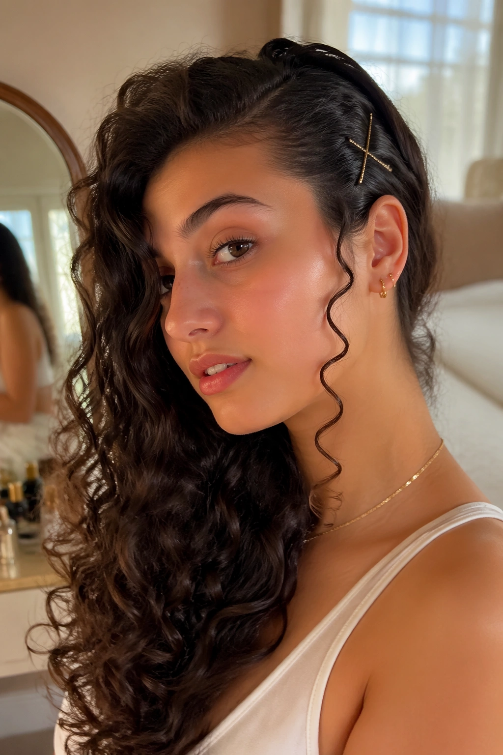 Close-up of a deep-side-swept curl with bobby pins