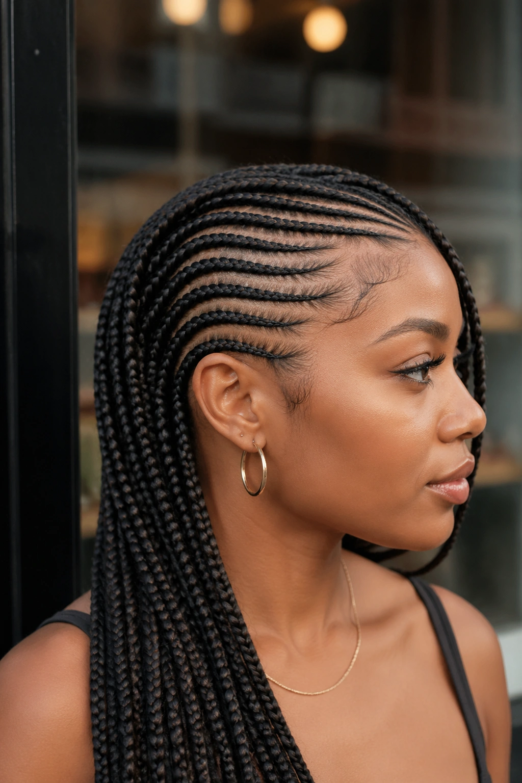 Profile view of a real person with side-swept lemonade braids