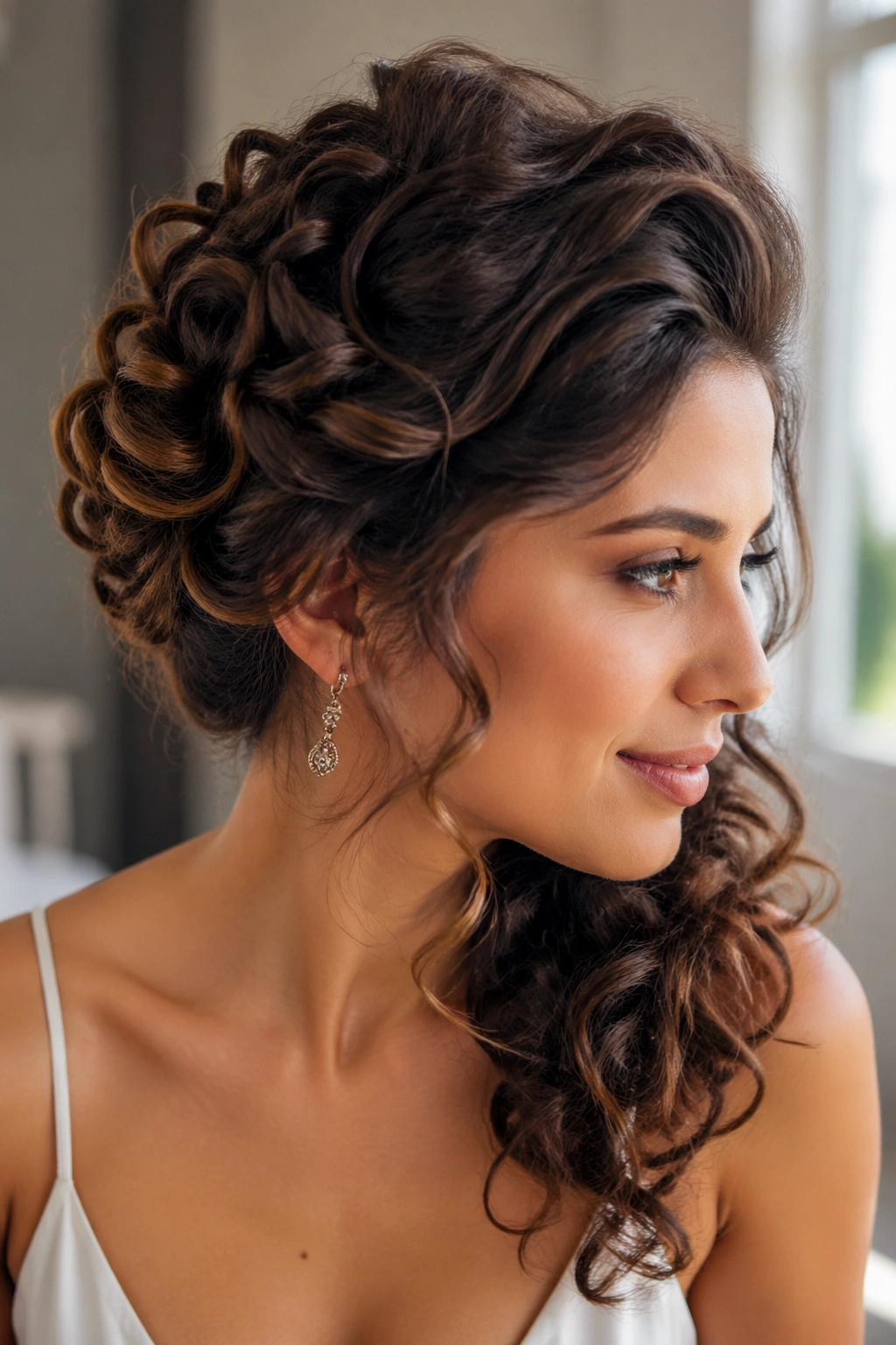 Close-up of a real woman with a pinned-up side sweep and curved shape.