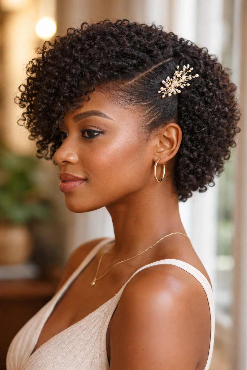 Side-profile of a real woman with low side swept sponge curls