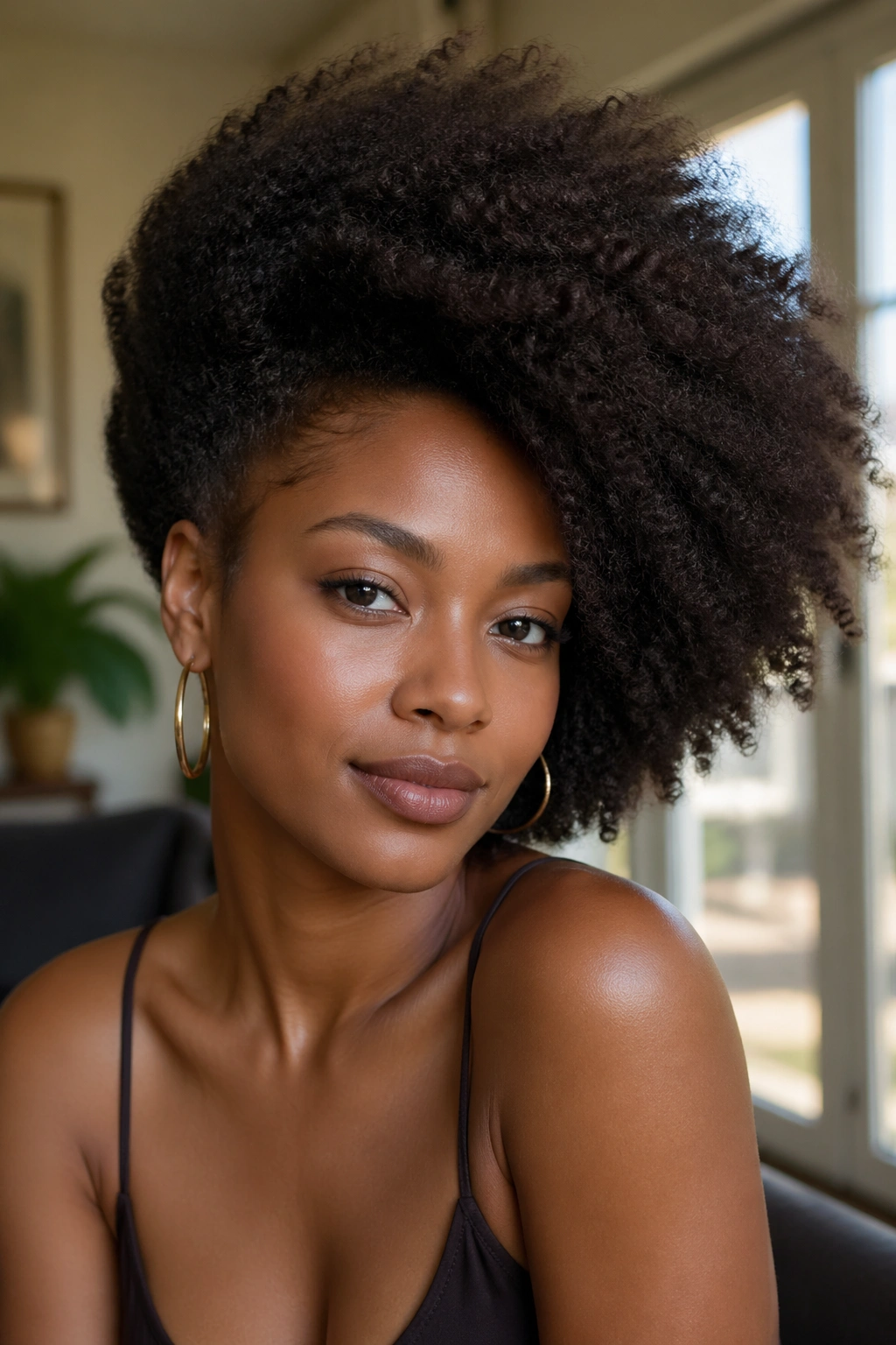 Close-up of a real person with a voluminous side-swept afro