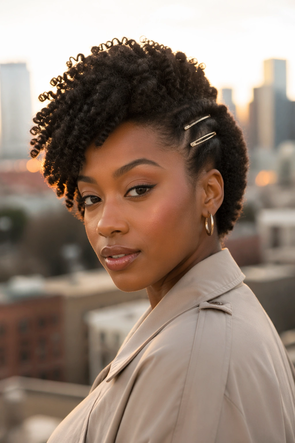 Side-swept afro with clip during golden hour.