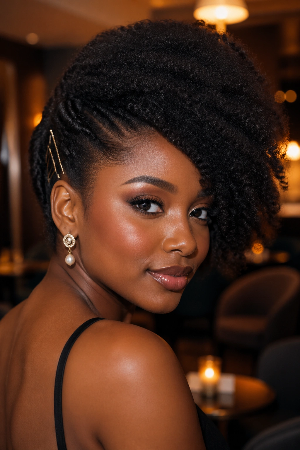 Close-up of a woman with a side-swept afro showing dramatic one-sided volume