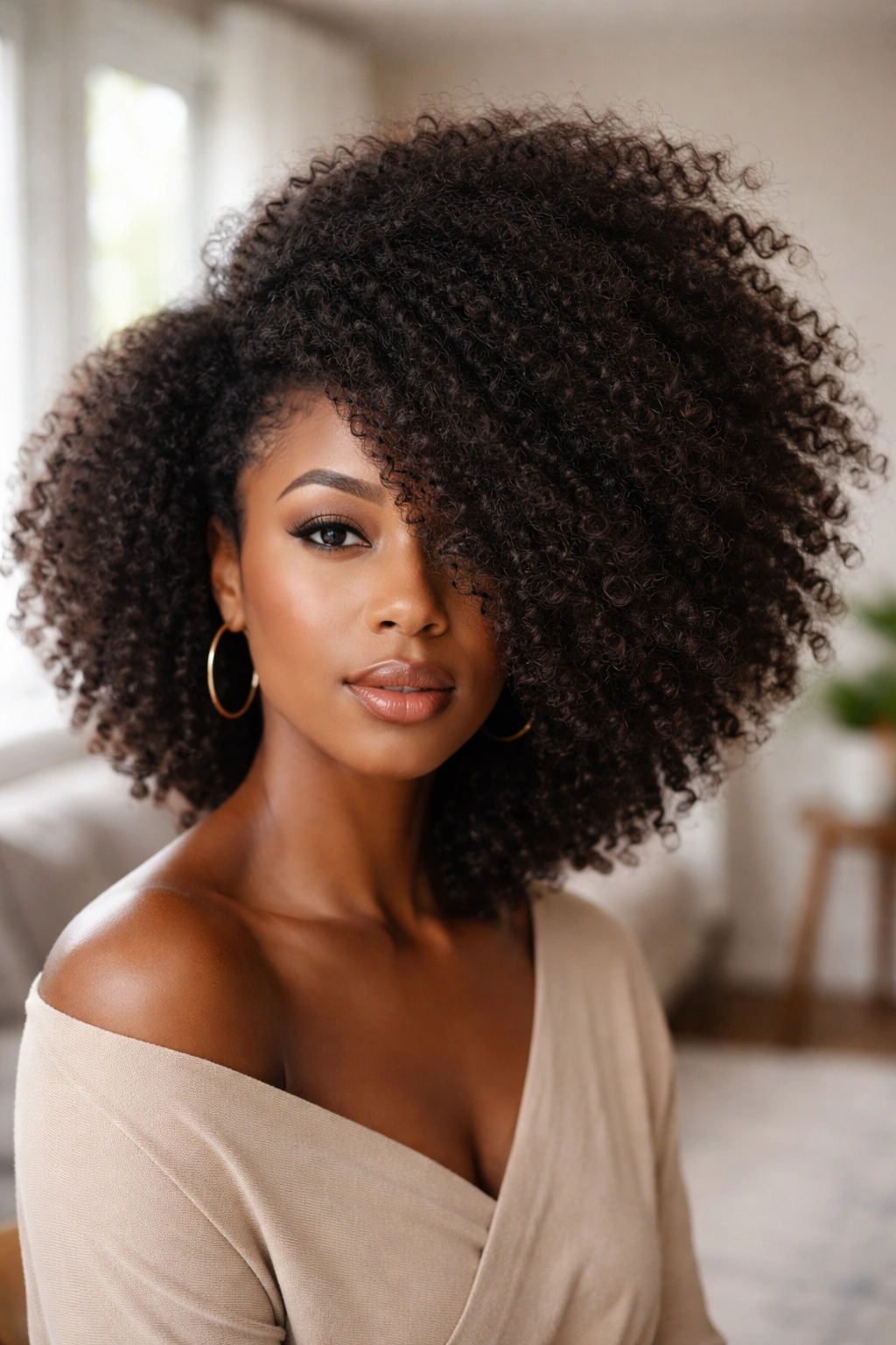 Close-up of a real woman with a side-swept afro and volume on one side