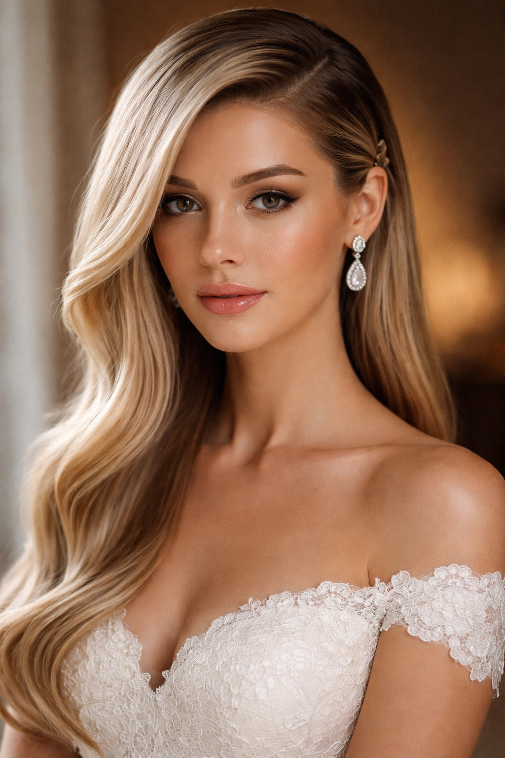 Side-swept asymmetry bridal hairstyle with pins behind the ear