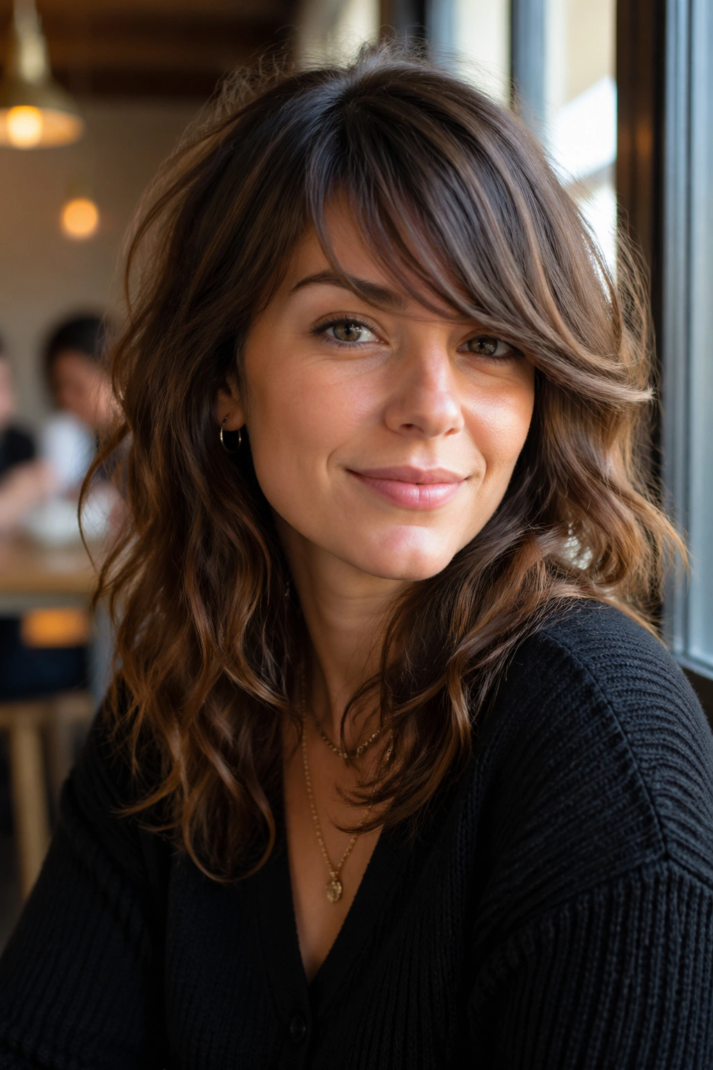 Close-up portrait of a real person with deep side-swept bangs in a shag in a bright cafe setting.