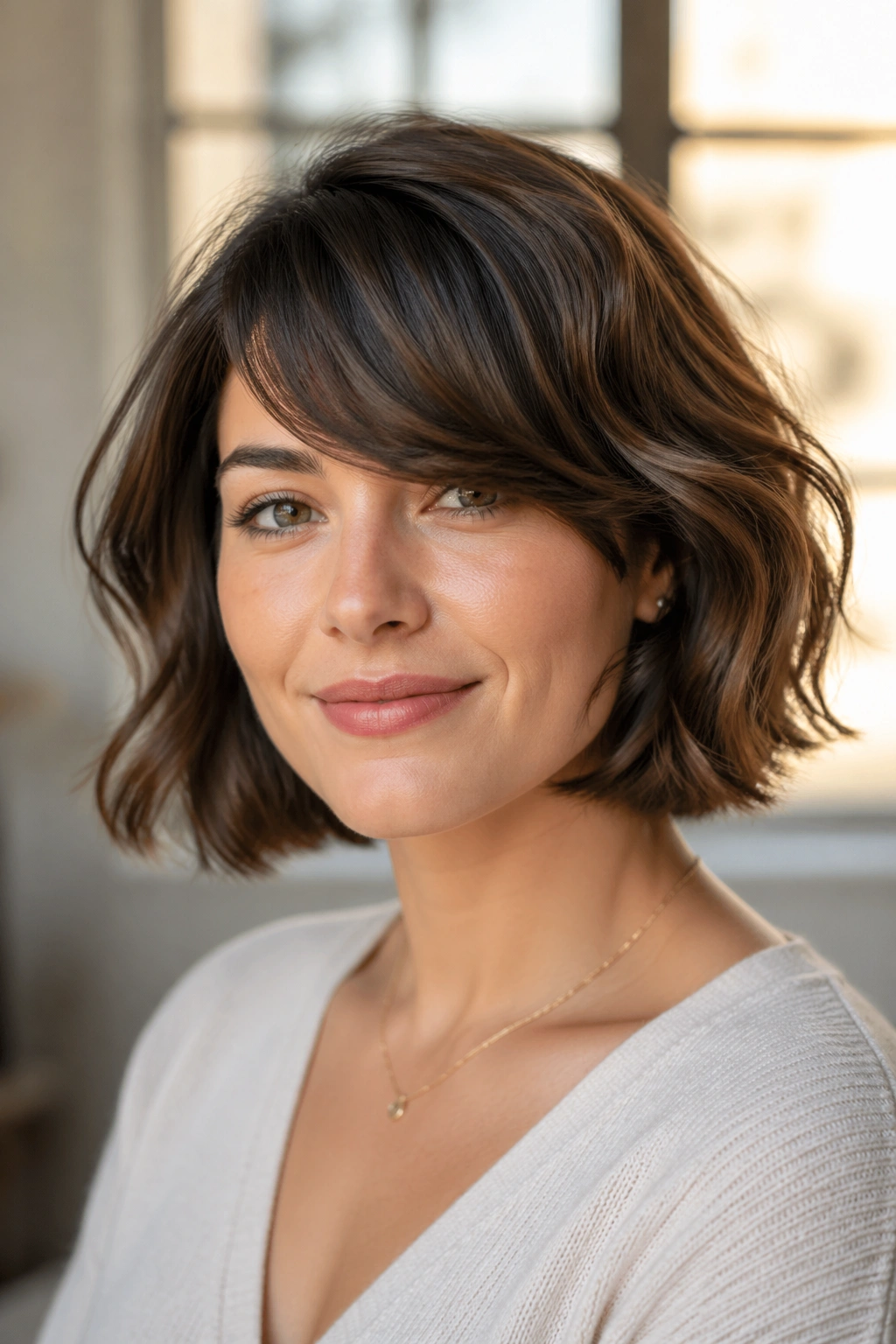 Close-up of a real woman with a bob and side-swept bangs in warm window light