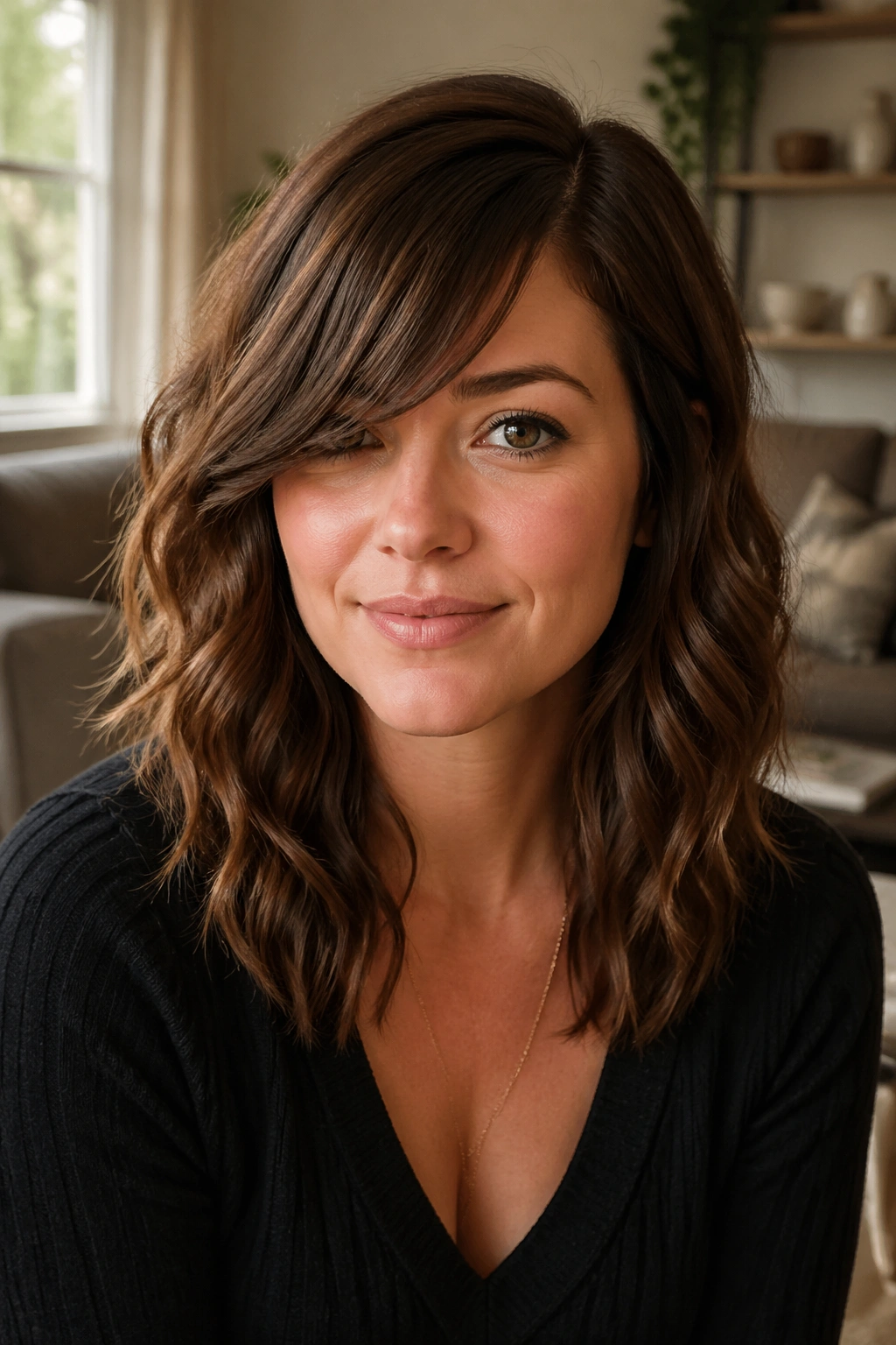 Medium close-up portrait of a real woman with deep side-parted side-swept bangs