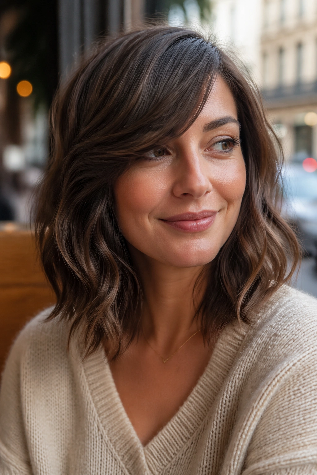 Close-up portrait of a real woman with side-swept bangs and a wavy lob