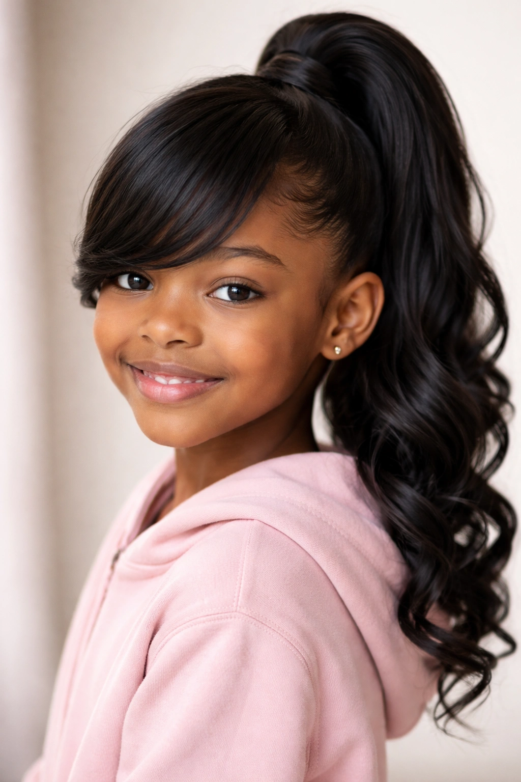 High ponytail with side-swept bangs blending into the weave