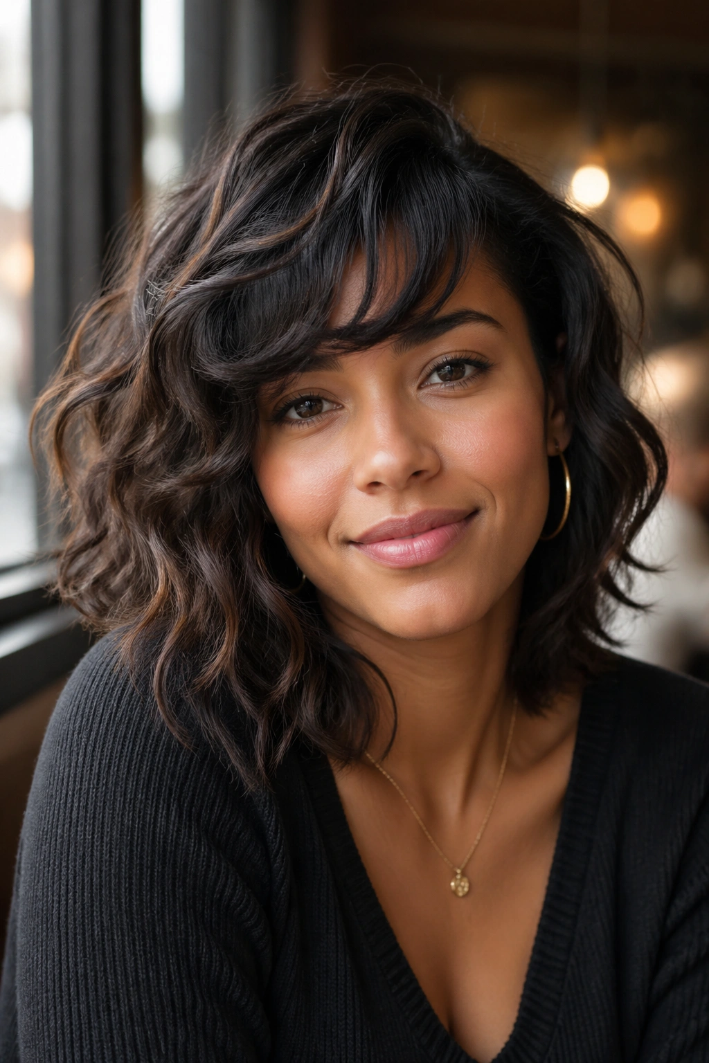 Real woman with side-swept bangs on wavy hair in cafe window light