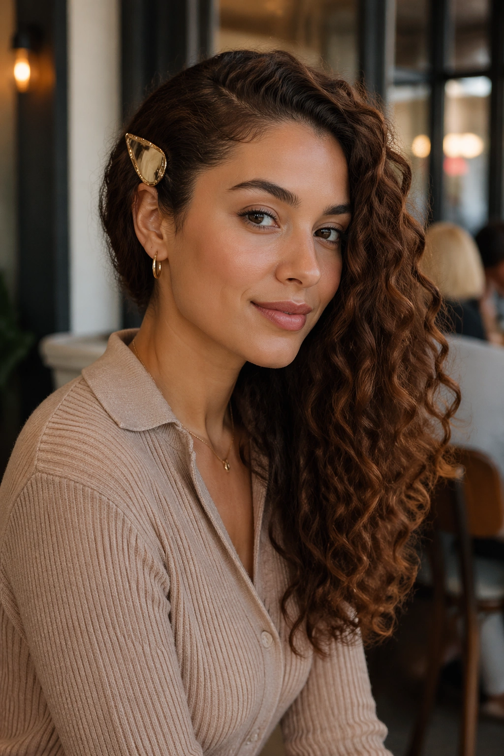 Woman with side-swept curl pinned with a large barrette