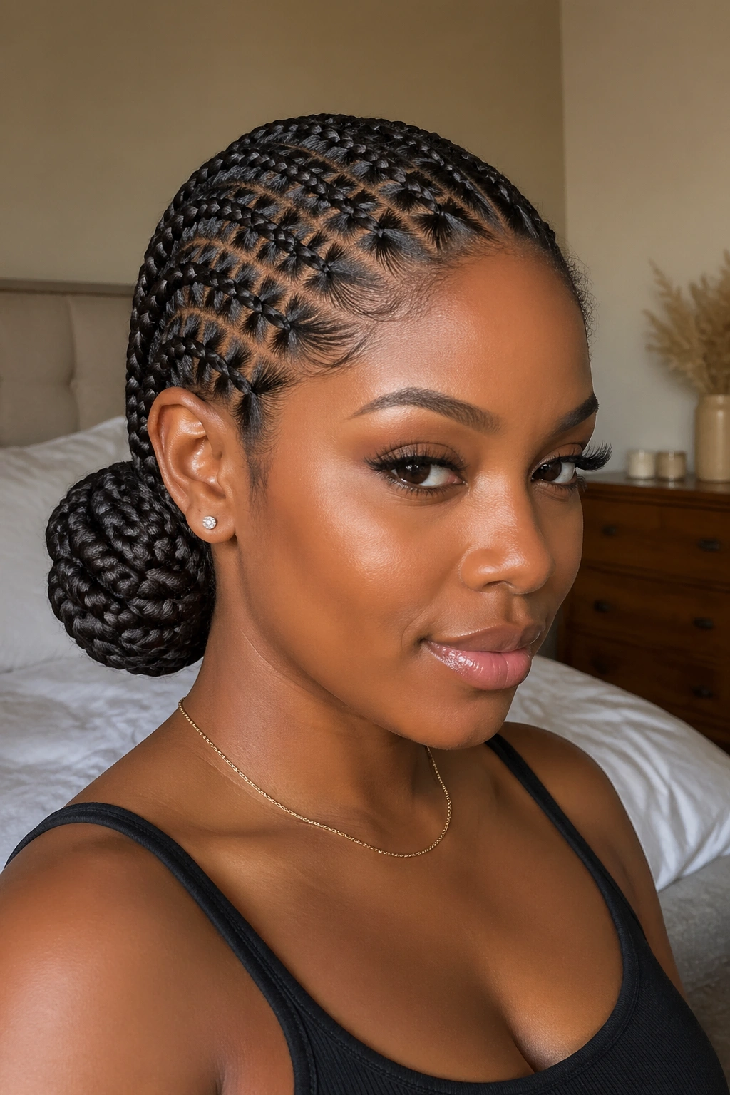 Close-up of a real woman with side-swept basket weave cornrows and a low bun behind the left ear