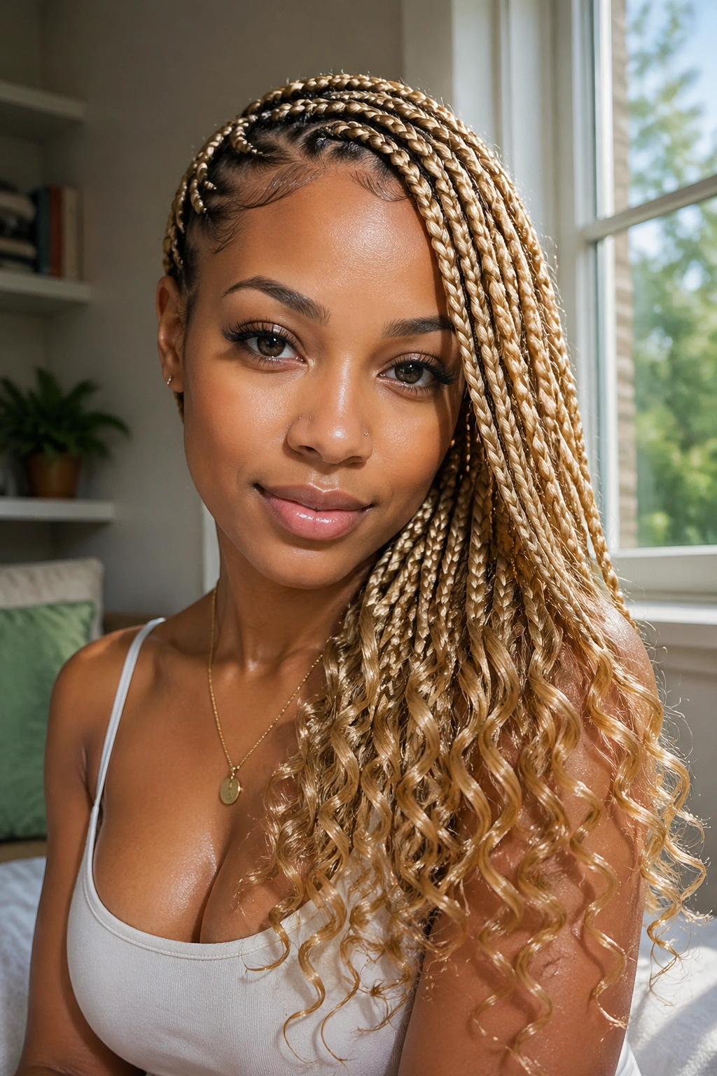Close-up of side-swept blonde braids with cascading curly ends on a real person