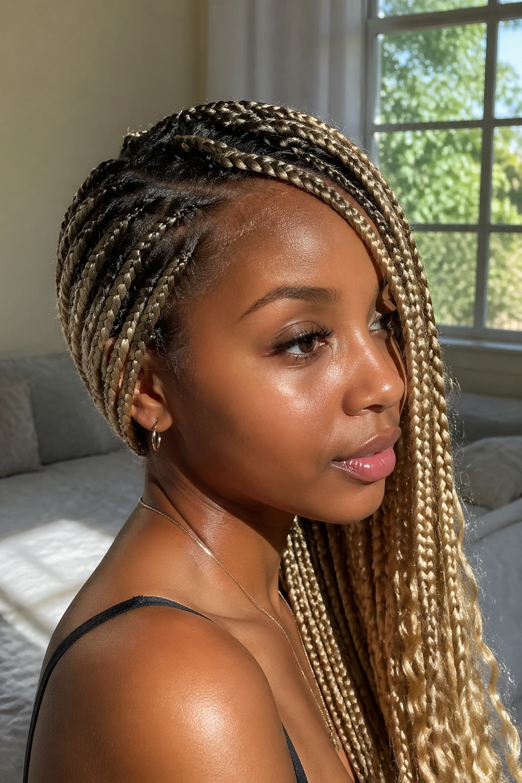 Portrait of a real woman with side-swept blonde braids