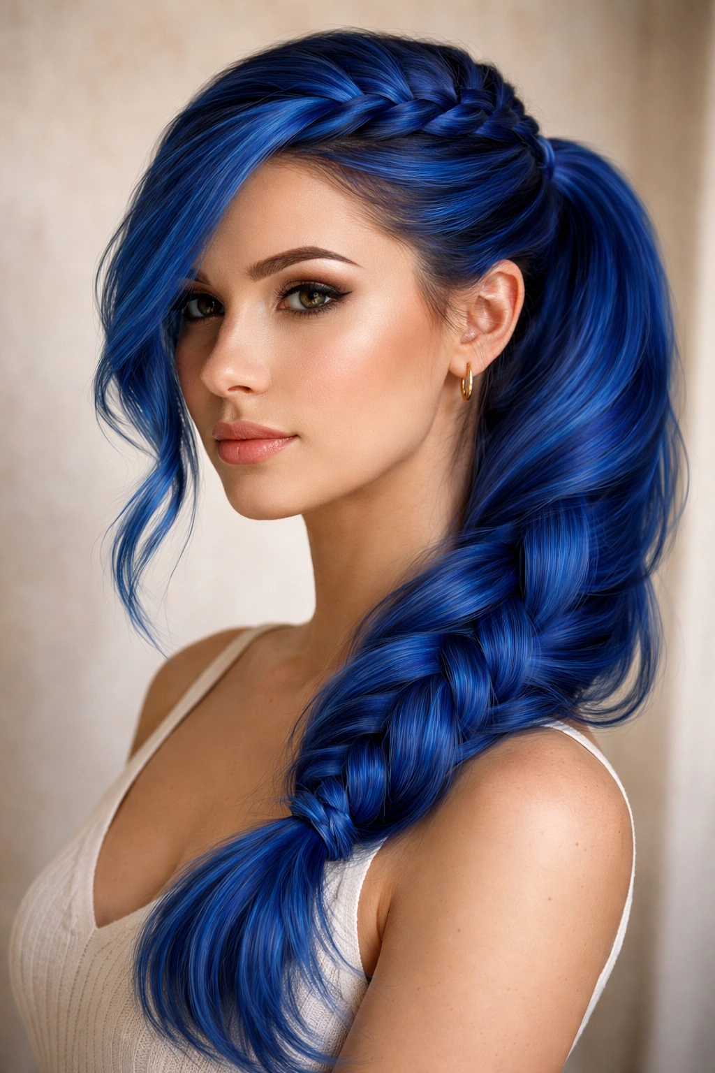 Real person with side-swept blue braided ponytail across the forehead