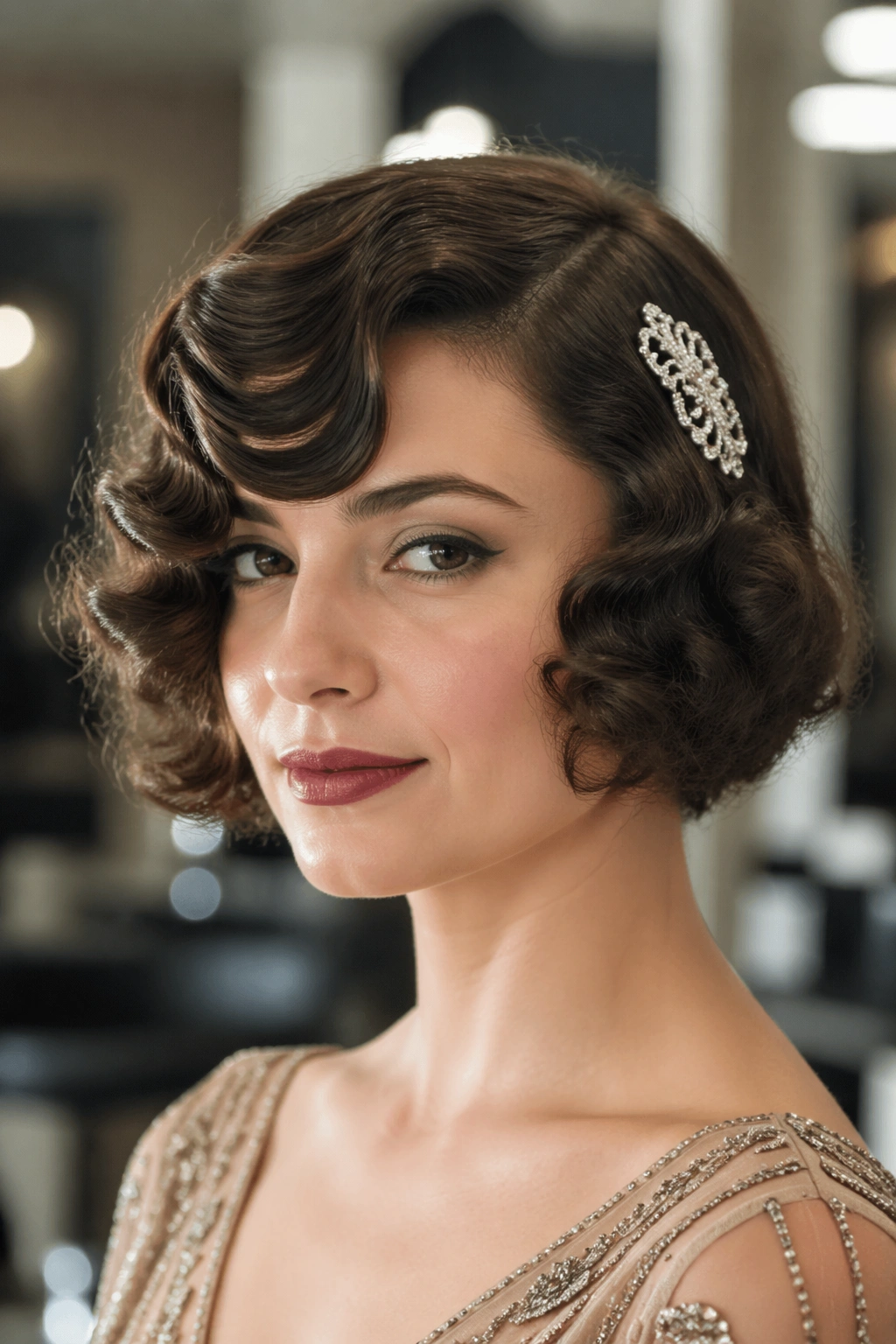 Close-up of a woman wearing a side-swept wave bob with rhinestone comb