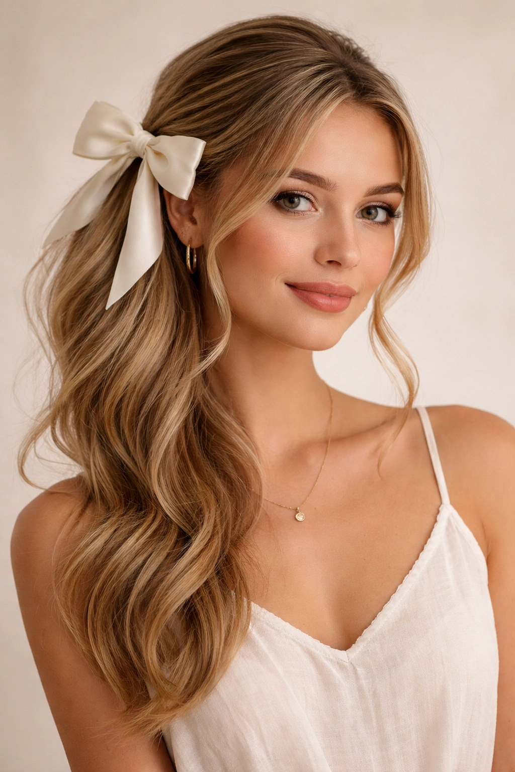 Profile view of side-swept half-up ponytail with a bow