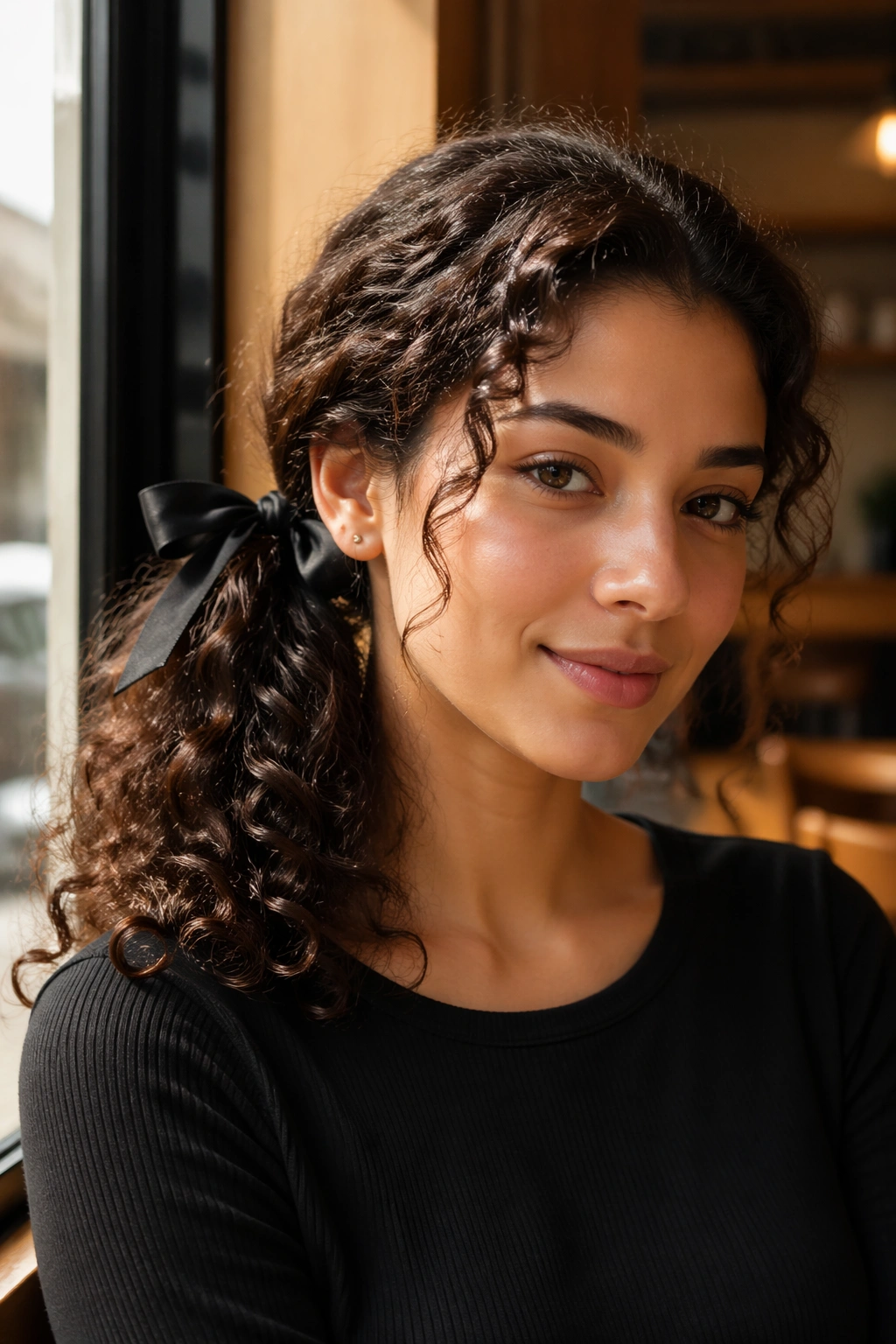 Real woman with side-swept bow ponytail behind one ear